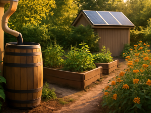 Duurzame tuin met regenton, moestuinbak, zonnepanelen op schuur en bloemrijke border