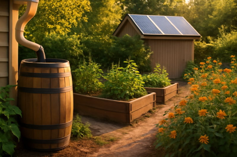 Duurzame tuin met regenton, moestuinbak, zonnepanelen op schuur en bloemrijke border
