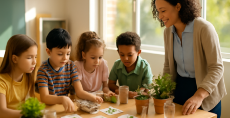 Leerlingen werken samen aan een duurzaamheidsactiviteit in een zonnige basisschoolklas