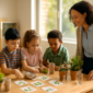 Leerlingen werken samen aan een duurzaamheidsactiviteit in een zonnige basisschoolklas