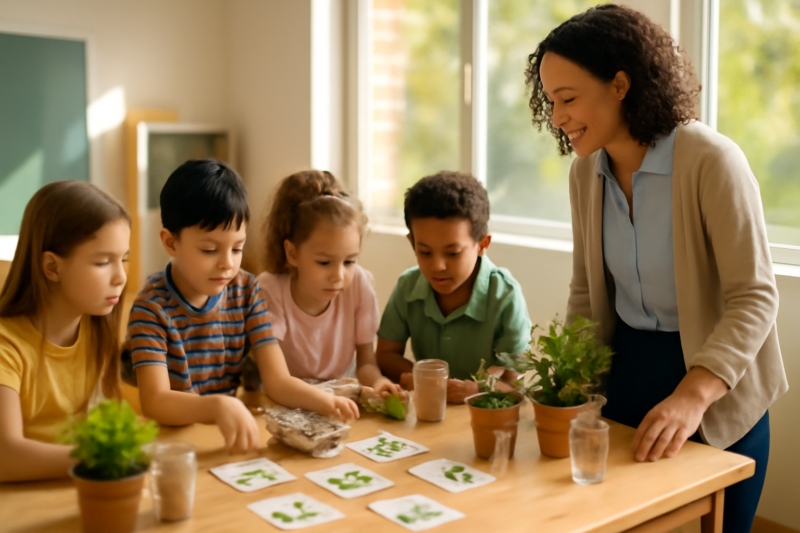 Leerlingen werken samen aan een duurzaamheidsactiviteit in een zonnige basisschoolklas