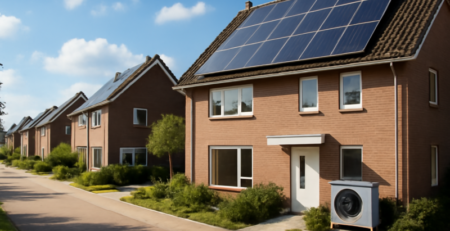 Zonnepanelen, warmtepomp en kleine windturbine bij Nederlandse woningen