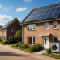Zonnepanelen, warmtepomp en kleine windturbine bij Nederlandse woningen