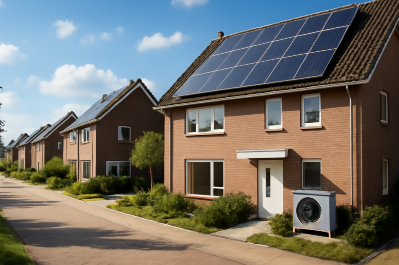 Zonnepanelen, warmtepomp en kleine windturbine bij Nederlandse woningen