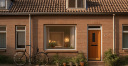 Duurzaam huurhuis aan een rustige straat met groene planten, fiets en warme verlichting binnen