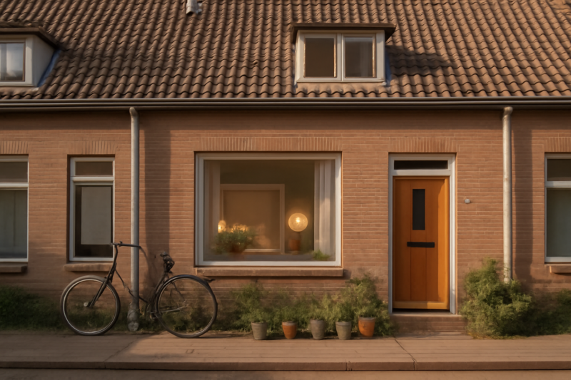Duurzaam huurhuis aan een rustige straat met groene planten, fiets en warme verlichting binnen