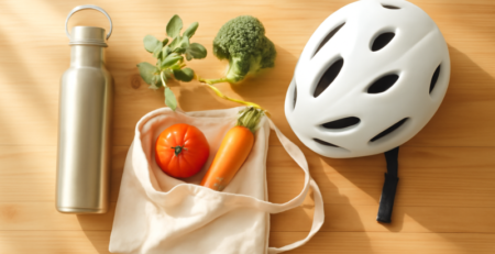 Duurzame voorwerpen op een houten tafel: groenten, fietshelm en herbruikbare tas