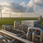 Groene waterstof elektrolyser installatie met windturbines in een Nederlandse polderlandschap
