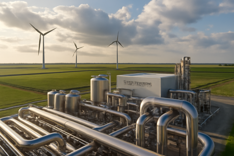 Groene waterstof elektrolyser installatie met windturbines in een Nederlandse polderlandschap
