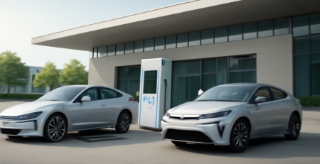 Elektrische auto, waterstofauto en plug-in hybride naast elkaar bij een modern laadstation