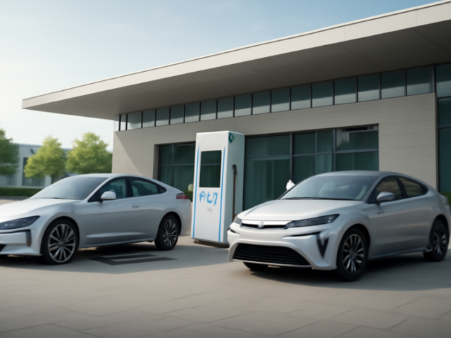 Elektrische auto, waterstofauto en plug-in hybride naast elkaar bij een modern laadstation