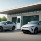 Elektrische auto, waterstofauto en plug-in hybride naast elkaar bij een modern laadstation