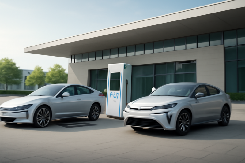 Elektrische auto, waterstofauto en plug-in hybride naast elkaar bij een modern laadstation