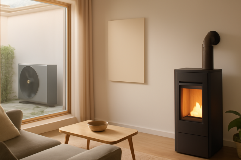 Drie milieuvriendelijke verwarmingssystemen in een moderne, lichte woonkamer