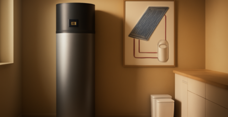 Warmtepompboiler in een moderne technische ruimte naast illustratie van zonneboiler