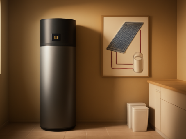 Warmtepompboiler in een moderne technische ruimte naast illustratie van zonneboiler