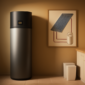 Warmtepompboiler in een moderne technische ruimte naast illustratie van zonneboiler