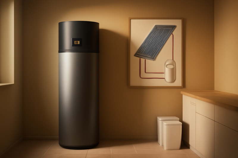 Warmtepompboiler in een moderne technische ruimte naast illustratie van zonneboiler