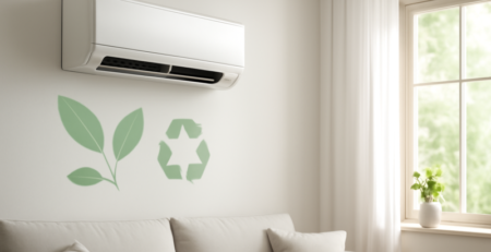 Milieuvriendelijke airco aan de muur in een lichte, moderne woonkamer met groene planten