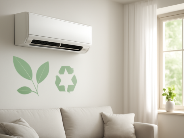 Milieuvriendelijke airco aan de muur in een lichte, moderne woonkamer met groene planten