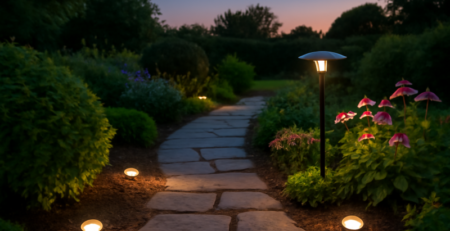 Zonne-energie LED-spots verlichten een tuin met sfeervol warm licht bij schemering
