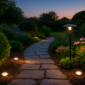 Zonne-energie LED-spots verlichten een tuin met sfeervol warm licht bij schemering