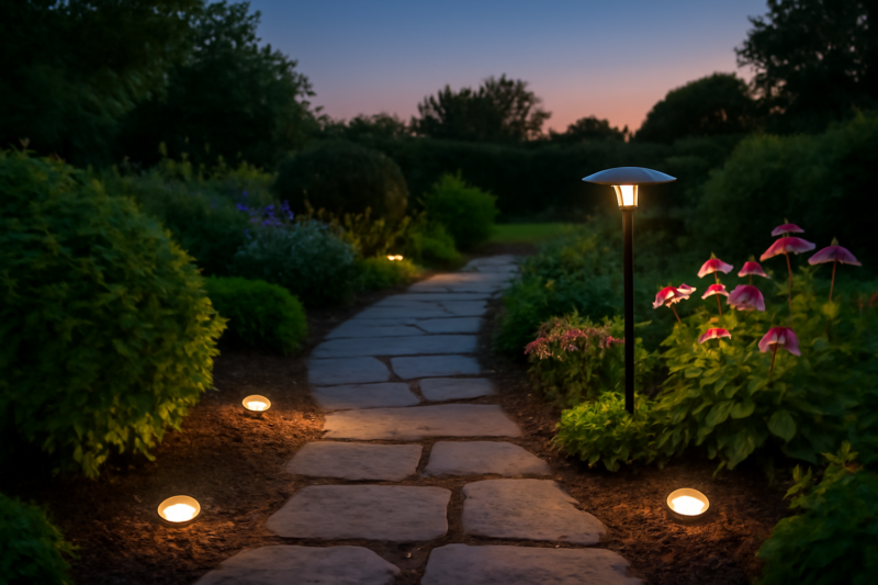 Zonne-energie LED-spots verlichten een tuin met sfeervol warm licht bij schemering