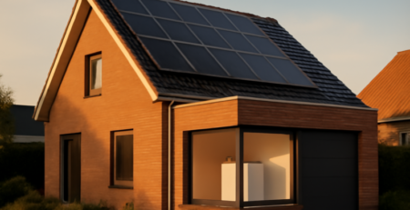 Woning met zonnepanelen en thuisaccu als voorbeeld van milieuvriendelijke energieopslag
