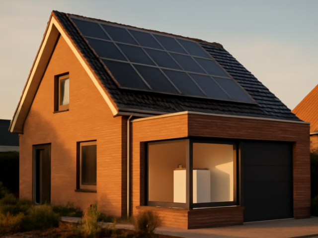 Woning met zonnepanelen en thuisaccu als voorbeeld van milieuvriendelijke energieopslag