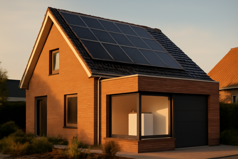 Woning met zonnepanelen en thuisaccu als voorbeeld van milieuvriendelijke energieopslag