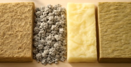 Vergelijking van isolatiematerialen: hennep, cellulose, glaswol en steenwol naast elkaar