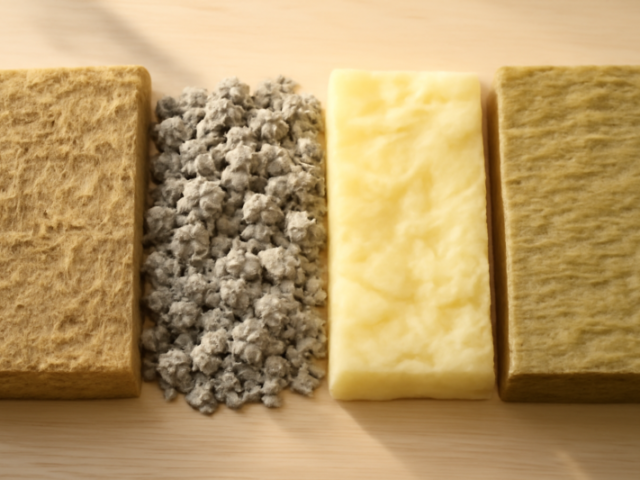 Vergelijking van isolatiematerialen: hennep, cellulose, glaswol en steenwol naast elkaar