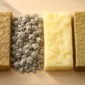 Vergelijking van isolatiematerialen: hennep, cellulose, glaswol en steenwol naast elkaar
