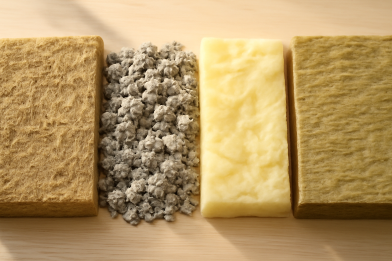 Vergelijking van isolatiematerialen: hennep, cellulose, glaswol en steenwol naast elkaar