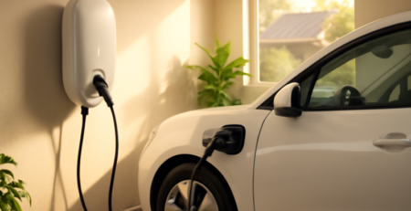 Slimme laadpaal thuis in garage naast elektrische auto en zonnepanelen op dak