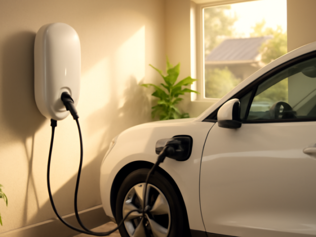 Slimme laadpaal thuis in garage naast elektrische auto en zonnepanelen op dak