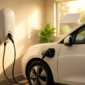 Slimme laadpaal thuis in garage naast elektrische auto en zonnepanelen op dak