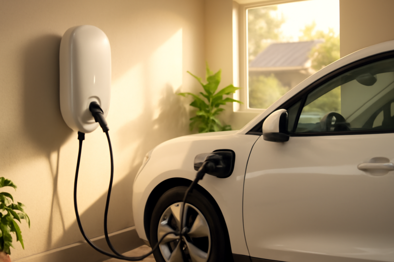 Slimme laadpaal thuis in garage naast elektrische auto en zonnepanelen op dak
