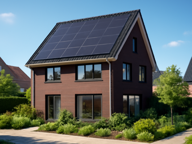 Milieuvriendelijke nieuwbouw woning met zonnepanelen en grote ramen in 2026