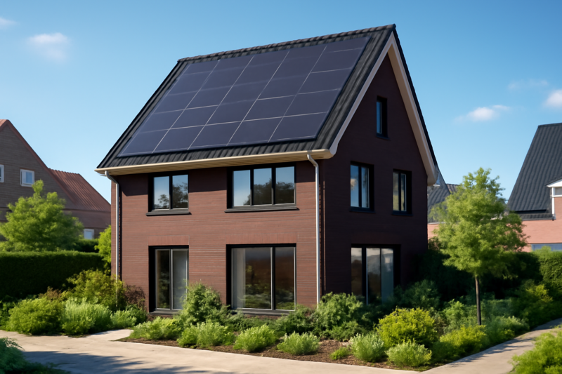 Milieuvriendelijke nieuwbouw woning met zonnepanelen en grote ramen in 2026