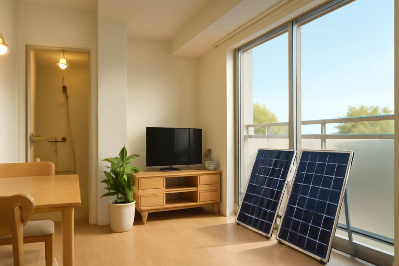 Plug-in zonnepanelen op balkon van huurwoning met milieuvriendelijke inrichting