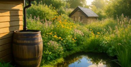 Milieuvriendelijke tuin met regenton, zonnepanelen op schuur en inheemse planten