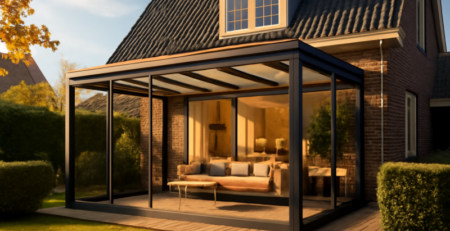 Moderne Veranda XL uitbouw aan een woning met geïsoleerd glas en zichtbaar interieur