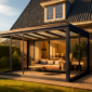 Moderne Veranda XL uitbouw aan een woning met geïsoleerd glas en zichtbaar interieur