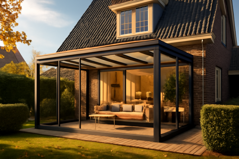 Moderne Veranda XL uitbouw aan een woning met geïsoleerd glas en zichtbaar interieur