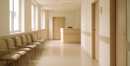 Lege wachtkamer in een modern Europees ziekenhuis met zachte natuurlijke belichting