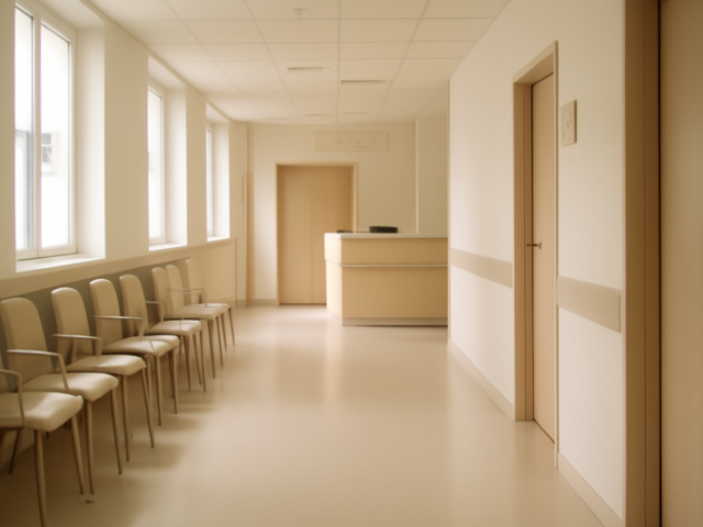 Lege wachtkamer in een modern Europees ziekenhuis met zachte natuurlijke belichting