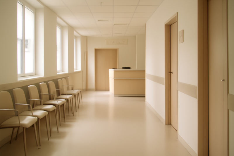 Lege wachtkamer in een modern Europees ziekenhuis met zachte natuurlijke belichting