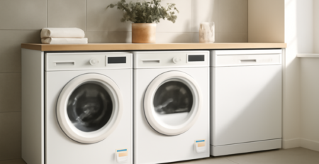 Wasmachine, wasdroger en vaatwasser naast elkaar in een moderne wasruimte