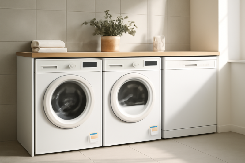 Wasmachine, wasdroger en vaatwasser naast elkaar in een moderne wasruimte